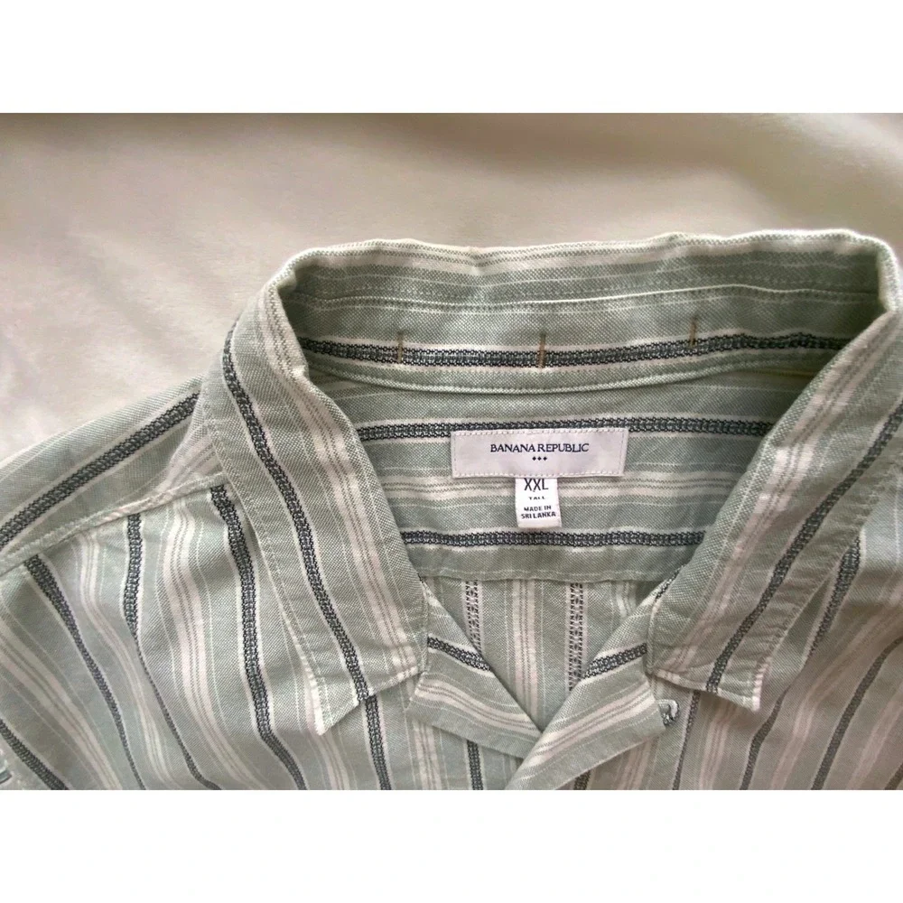 Banana Republic XXL Tall Green Striped Button Front Shirt Short Sleeve Cotton